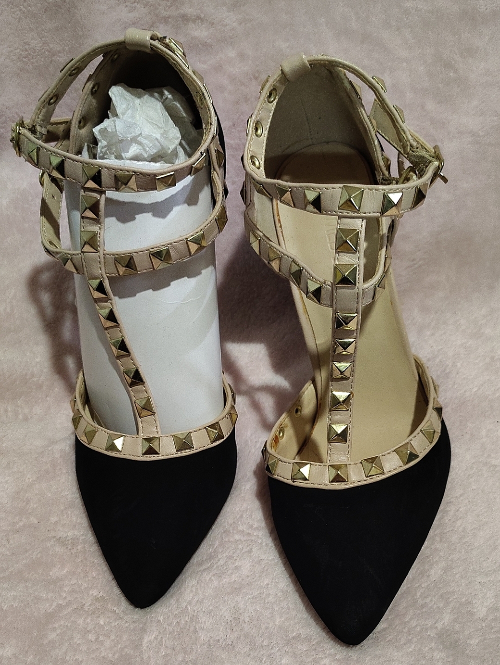 Wild Diva Two-Tone Studded T-Strap Pumps in Beige and Black